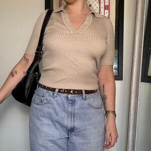 VINTAGE BEIGE RIBBED KNIT POLO TOP